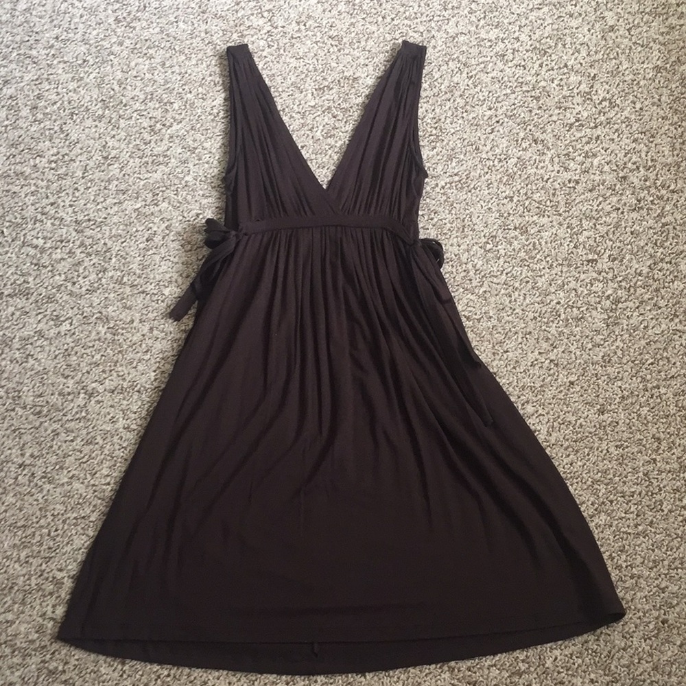 ZARA Basic T Shirt Deep V Side Tie Brown Dress